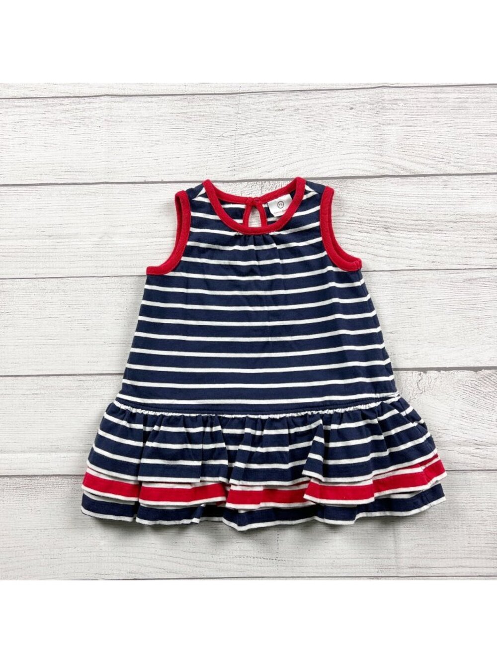 Hanna Andersson Baby Girls Striped Sleeveless Navy Red Ruffle Dress 12-18 Months